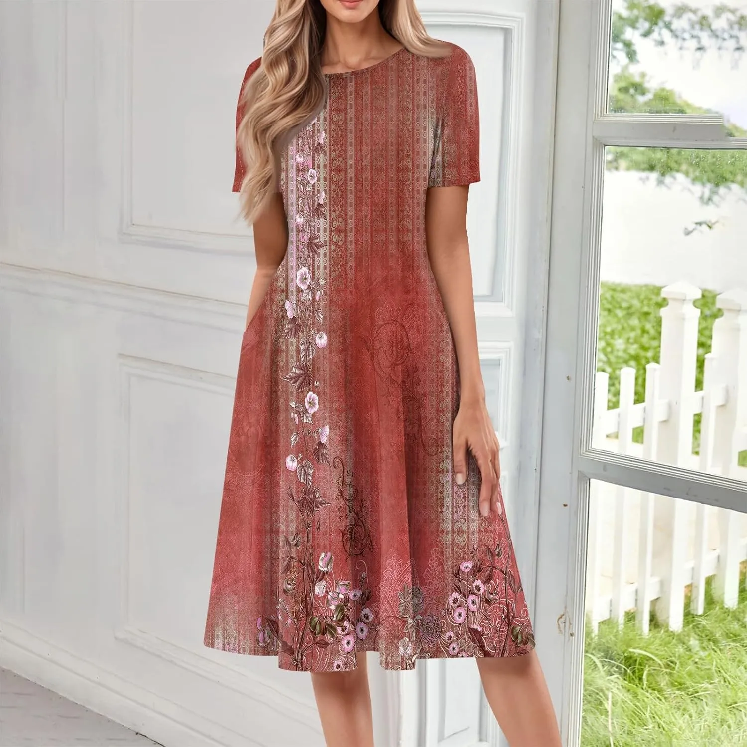 Dresses Women Casual Midi Dresses for Women Short Sleeve Summer Dresses Women Summer Ethnic Style Cute