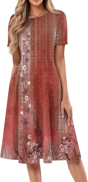 Dresses Women Casual Midi Dresses for Women Short Sleeve Summer Dresses Women Summer Ethnic Style Cute