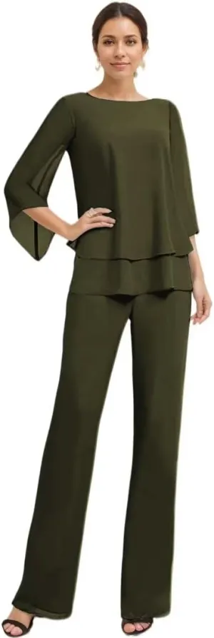 Dressy Mother of The Bride Pant Suits for Wedding Chiffon 2 Piece Evening Outfits Women Formal Pantsuits with Sleeve