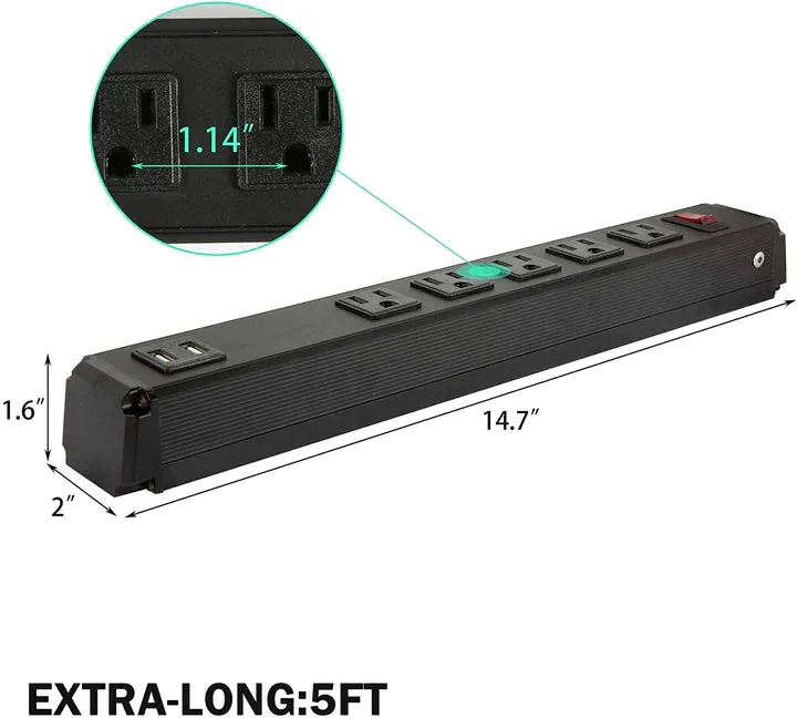 E-Macht Power Strip 2PCS Surge Protector 5-Outlet with 2 USB Ports(5V/2.4A), 6ft Heavy-Duty Braided Extension Cords