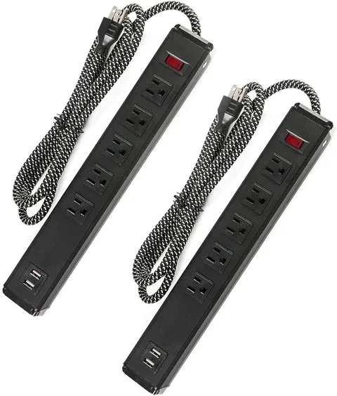 E-Macht Power Strip 2PCS Surge Protector 5-Outlet with 2 USB Ports(5V/2.4A), 6ft Heavy-Duty Braided Extension Cords