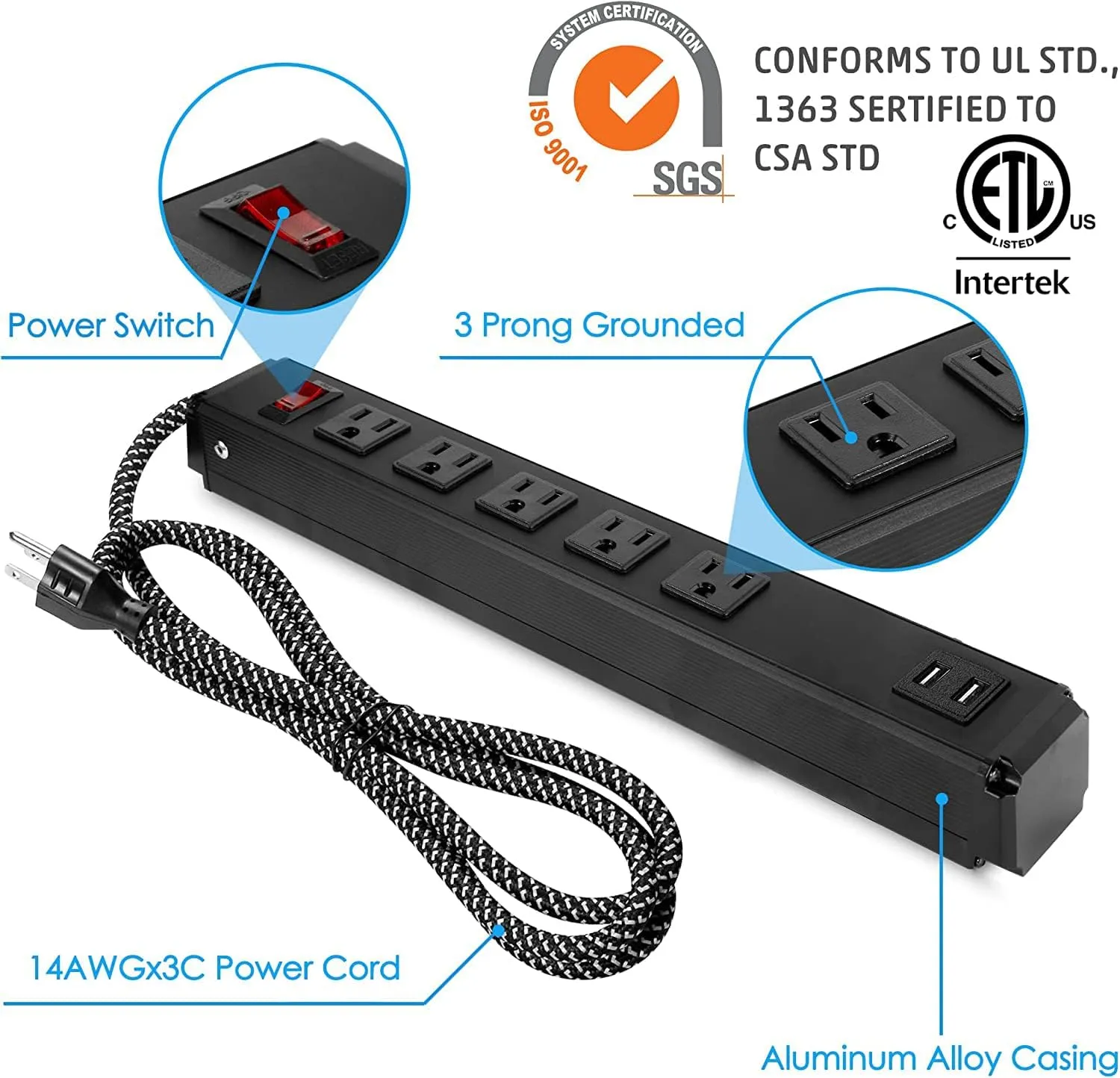 E-Macht Power Strip 2PCS Surge Protector 5-Outlet with 2 USB Ports(5V/2.4A), 6ft Heavy-Duty Braided Extension Cords