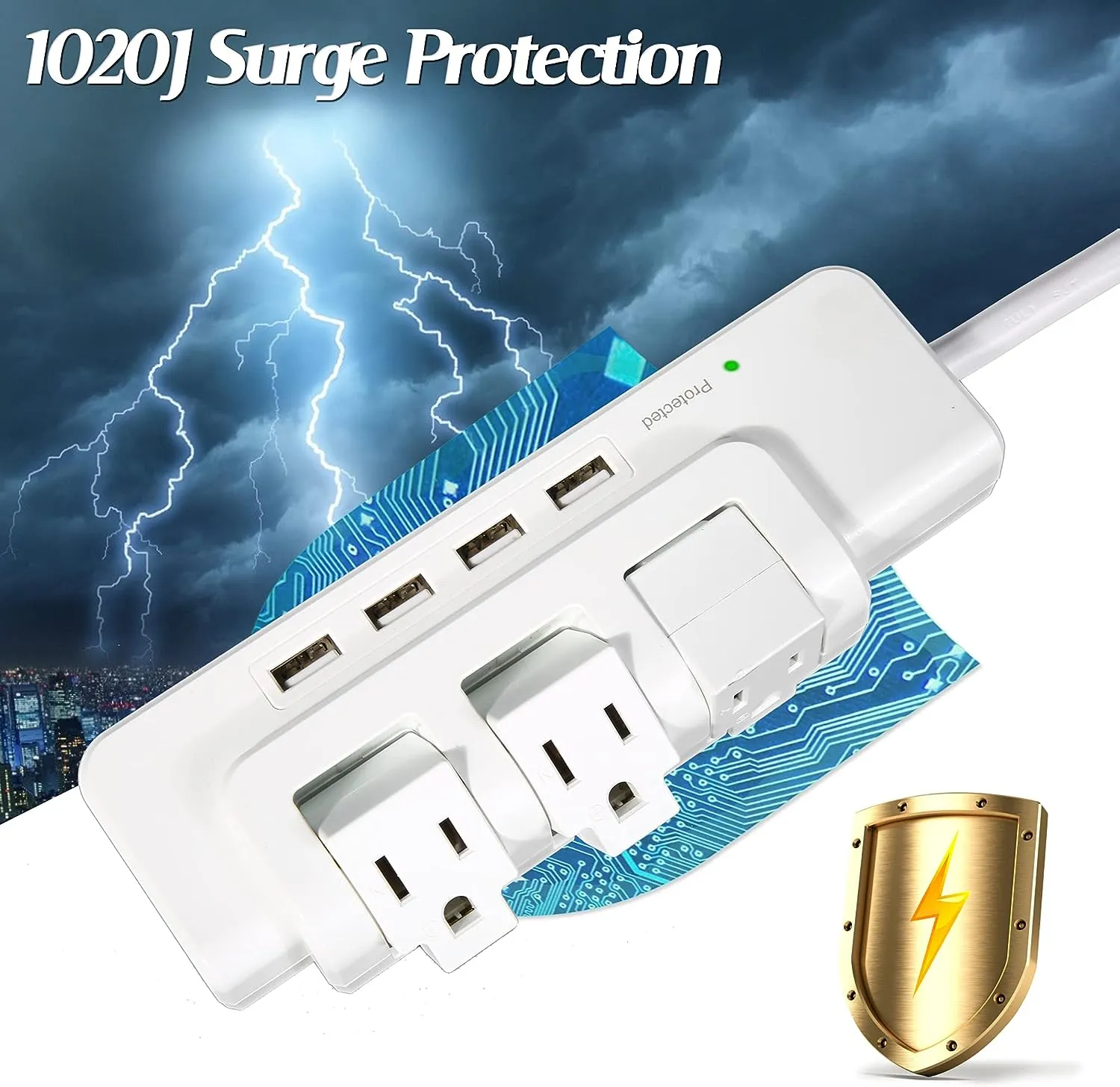 E-Macht Rotating Power Strip Surge Protector 1020 Joules 3 Outlet Extender with 4 USB Ports and 6ft Heavy Duty Extension Cord