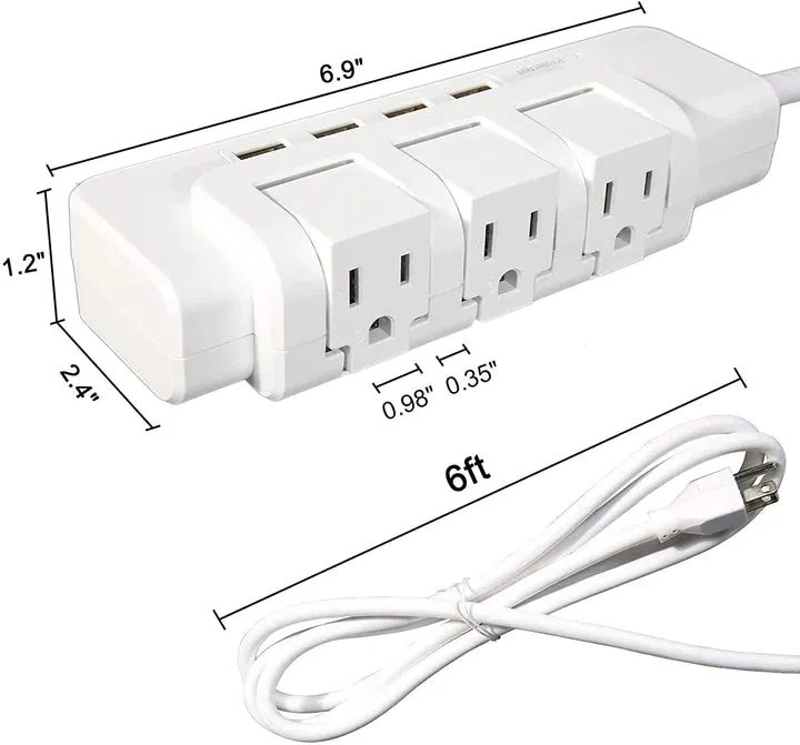E-Macht Rotating Power Strip Surge Protector 1020 Joules 3 Outlet Extender with 4 USB Ports and 6ft Heavy Duty Extension Cord