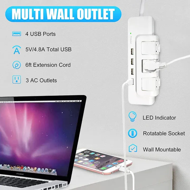E-Macht Rotating Power Strip Surge Protector 1020 Joules 3 Outlet Extender with 4 USB Ports and 6ft Heavy Duty Extension Cord