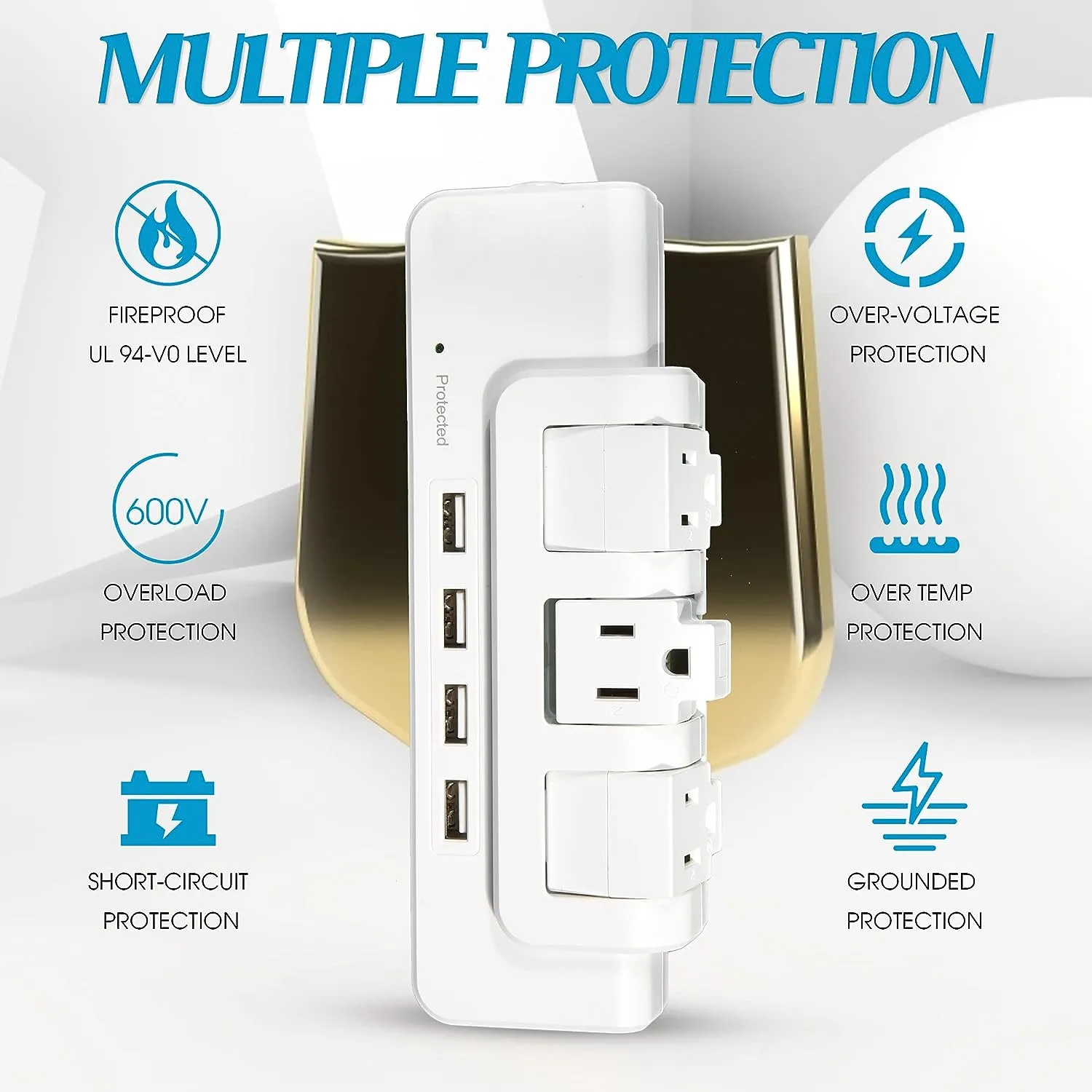 E-Macht Rotating Power Strip Surge Protector 1020 Joules 3 Outlet Extender with 4 USB Ports and 6ft Heavy Duty Extension Cord
