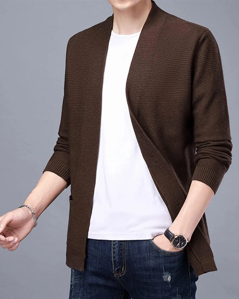 ebossy Men's Casual Slim Fit Open Front Patch Pocket Long Sleeve Cardigan Sweater