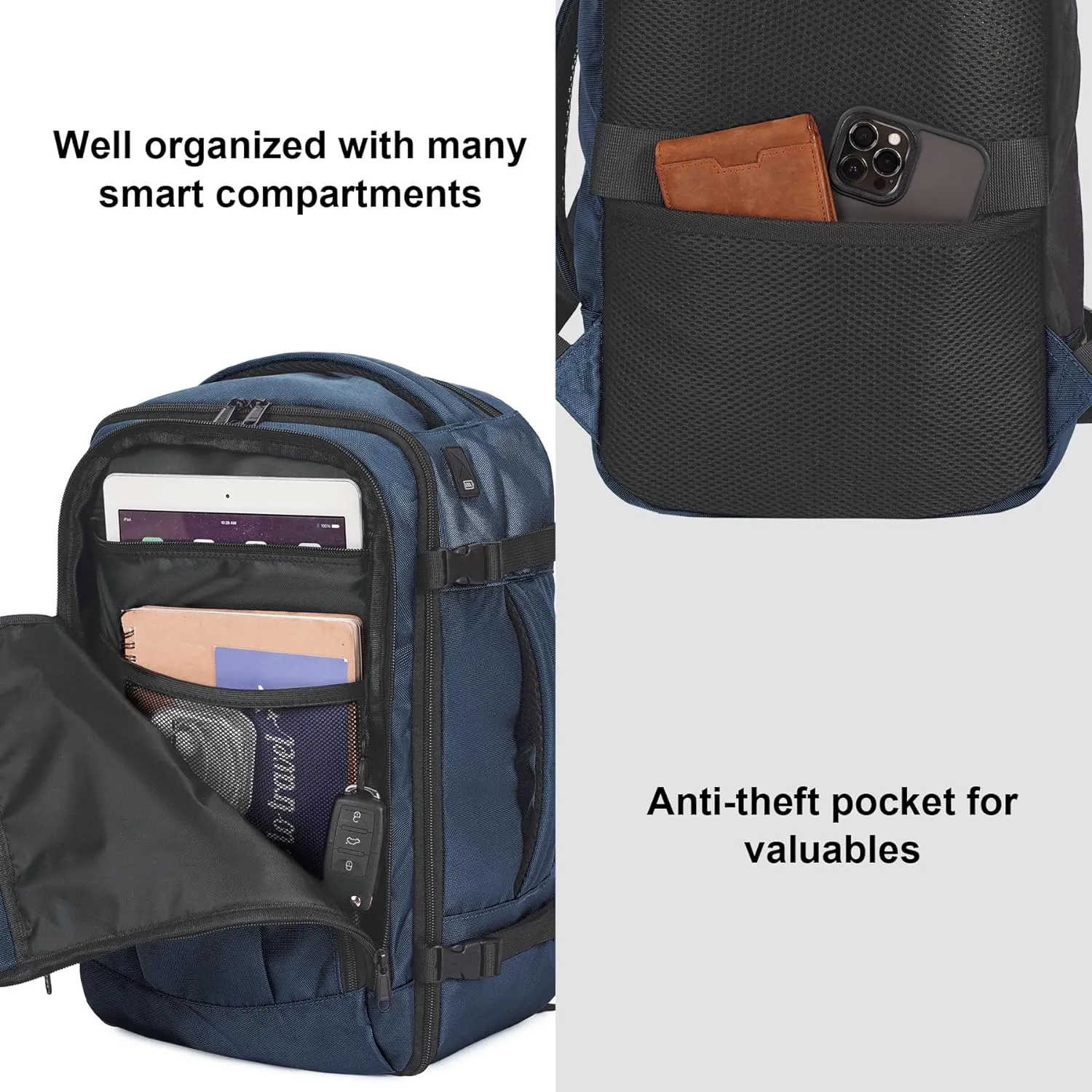 ECOHUB Travel Backpack 18x14x8 Spirit Airlines Personal Item Bag Carry On Backpack 13 Pockets Large Work Casual Daypack for men Airline Approved Waterproof Gym Backpack with Charging Port, Blue