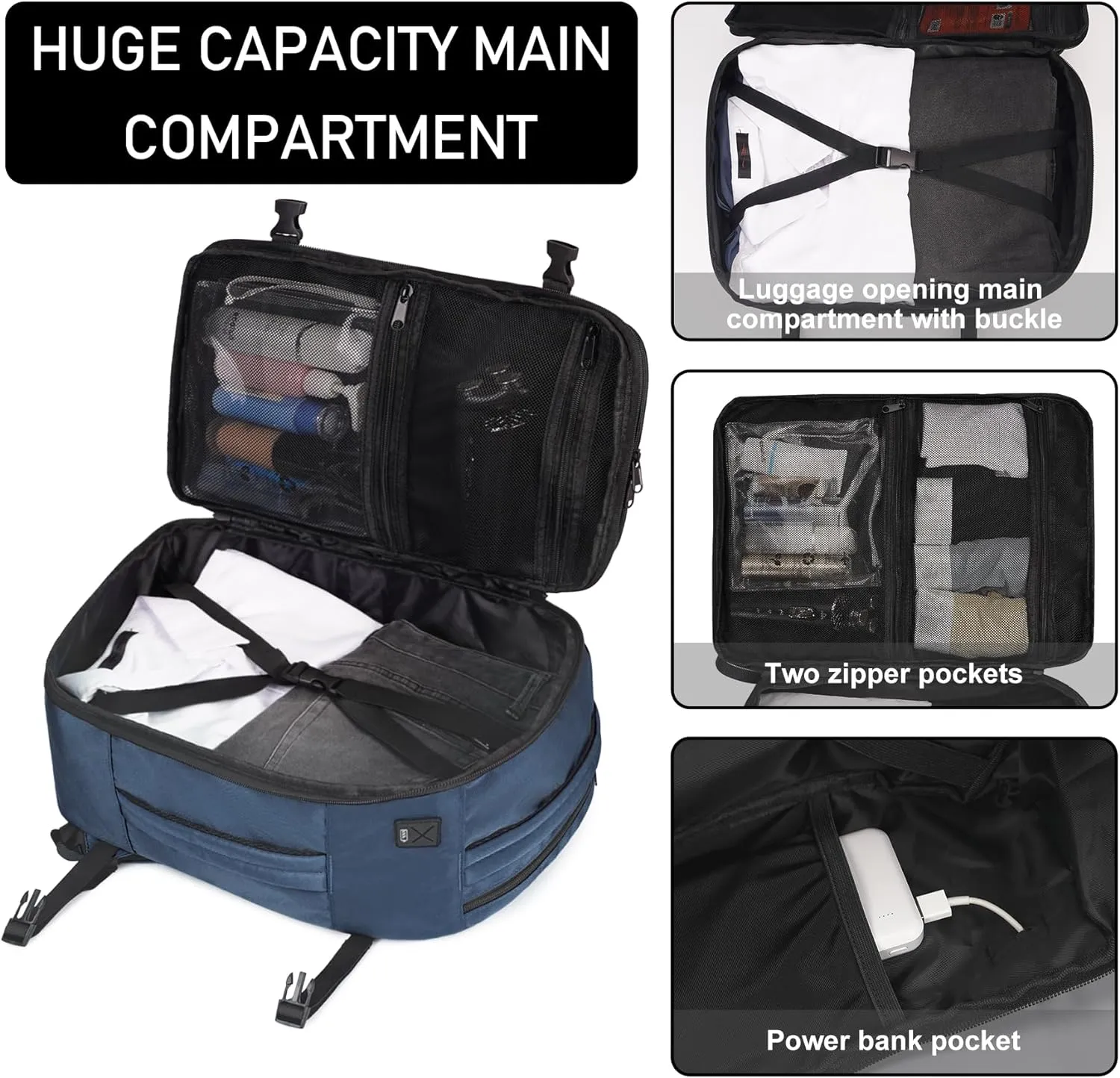 ECOHUB Travel Backpack 18x14x8 Spirit Airlines Personal Item Bag Carry On Backpack 13 Pockets Large Work Casual Daypack for men Airline Approved Waterproof Gym Backpack with Charging Port, Blue