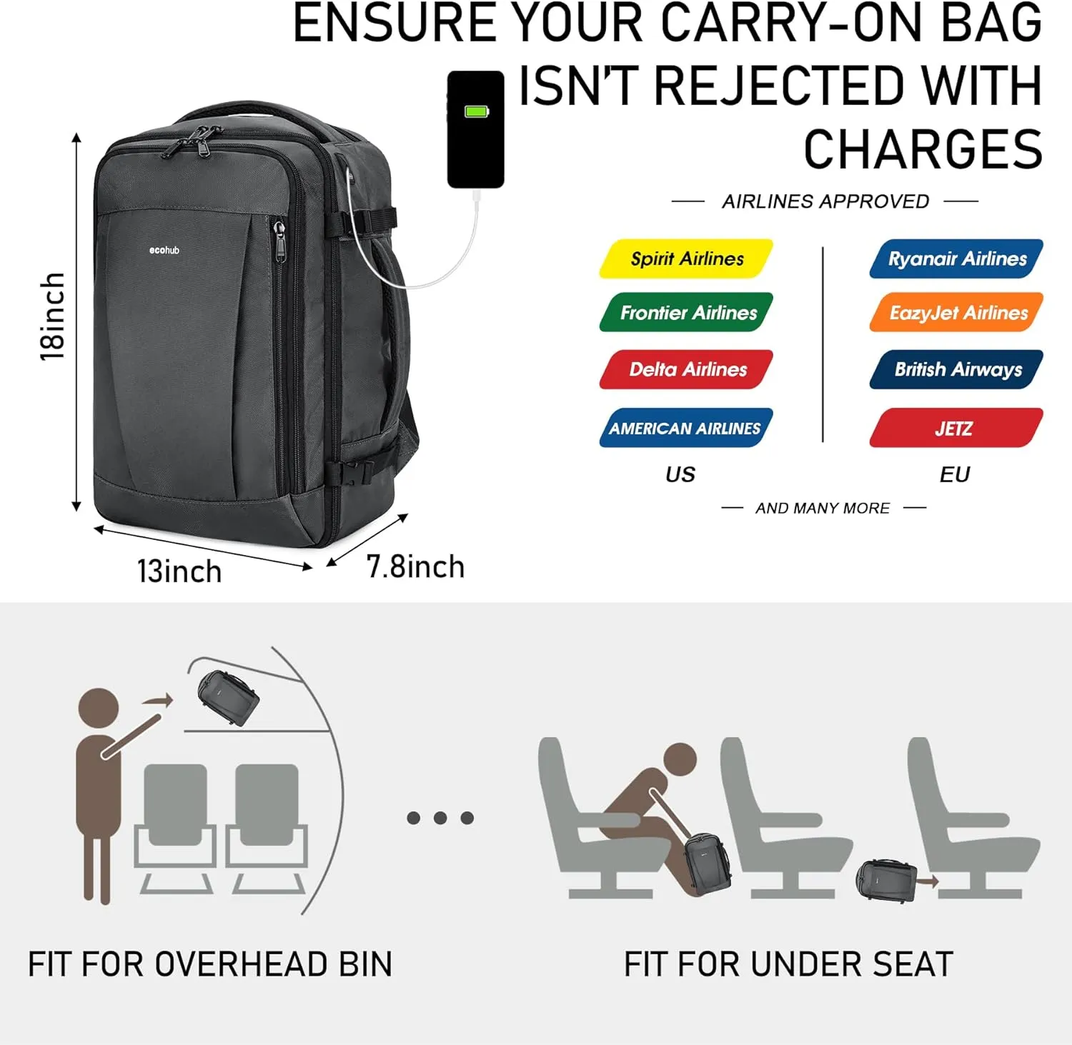 ECOHUB Travel Backpack 18x14x8 Spirit Airlines Personal Item Bag Carry On Backpack 13 Pockets Large Work Casual Daypack for men Airline Approved Waterproof Gym Backpack with Charging Port, Light Grey
