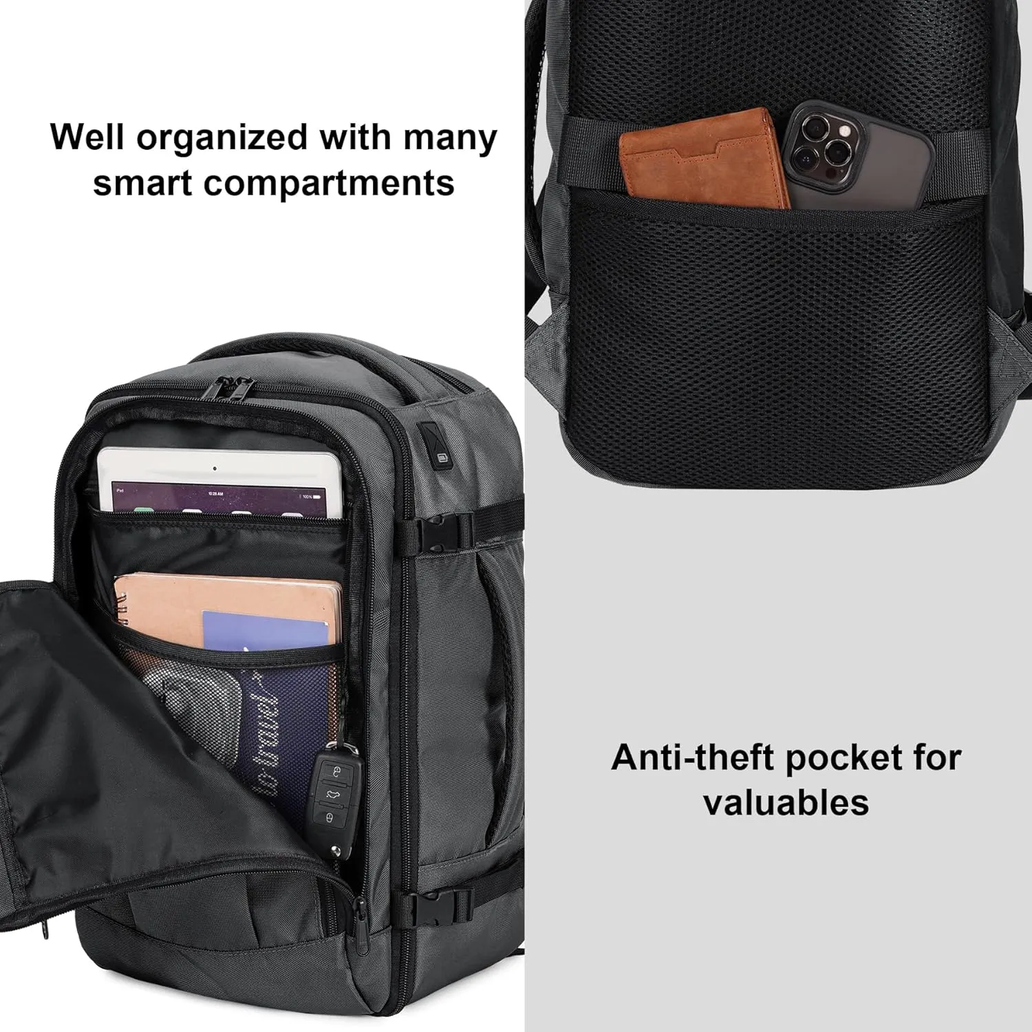 ECOHUB Travel Backpack 18x14x8 Spirit Airlines Personal Item Bag Carry On Backpack 13 Pockets Large Work Casual Daypack for men Airline Approved Waterproof Gym Backpack with Charging Port, Light Grey