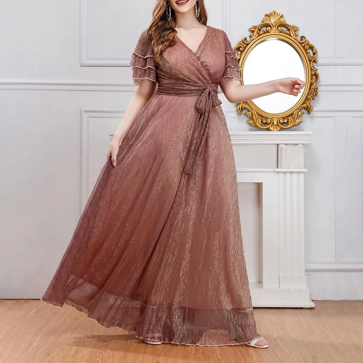 Elegant Chiffon Maxi Formal Dress Women Flutter Short Sleeve Wrap V Neck Evening Gown Belted High Waist A Line Dress