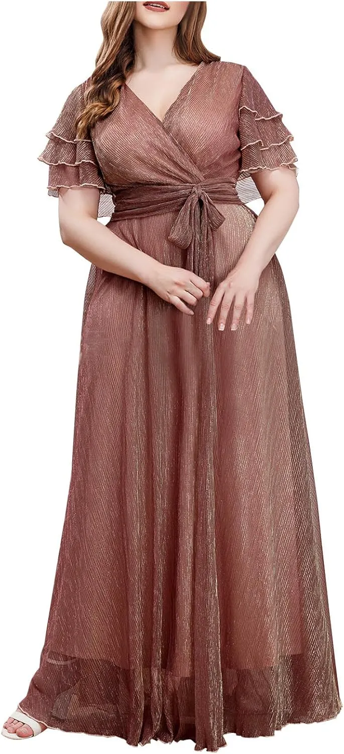 Elegant Chiffon Maxi Formal Dress Women Flutter Short Sleeve Wrap V Neck Evening Gown Belted High Waist A Line Dress