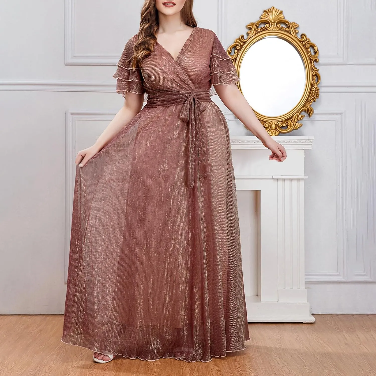 Elegant Chiffon Maxi Formal Dress Women Flutter Short Sleeve Wrap V Neck Evening Gown Belted High Waist A Line Dress