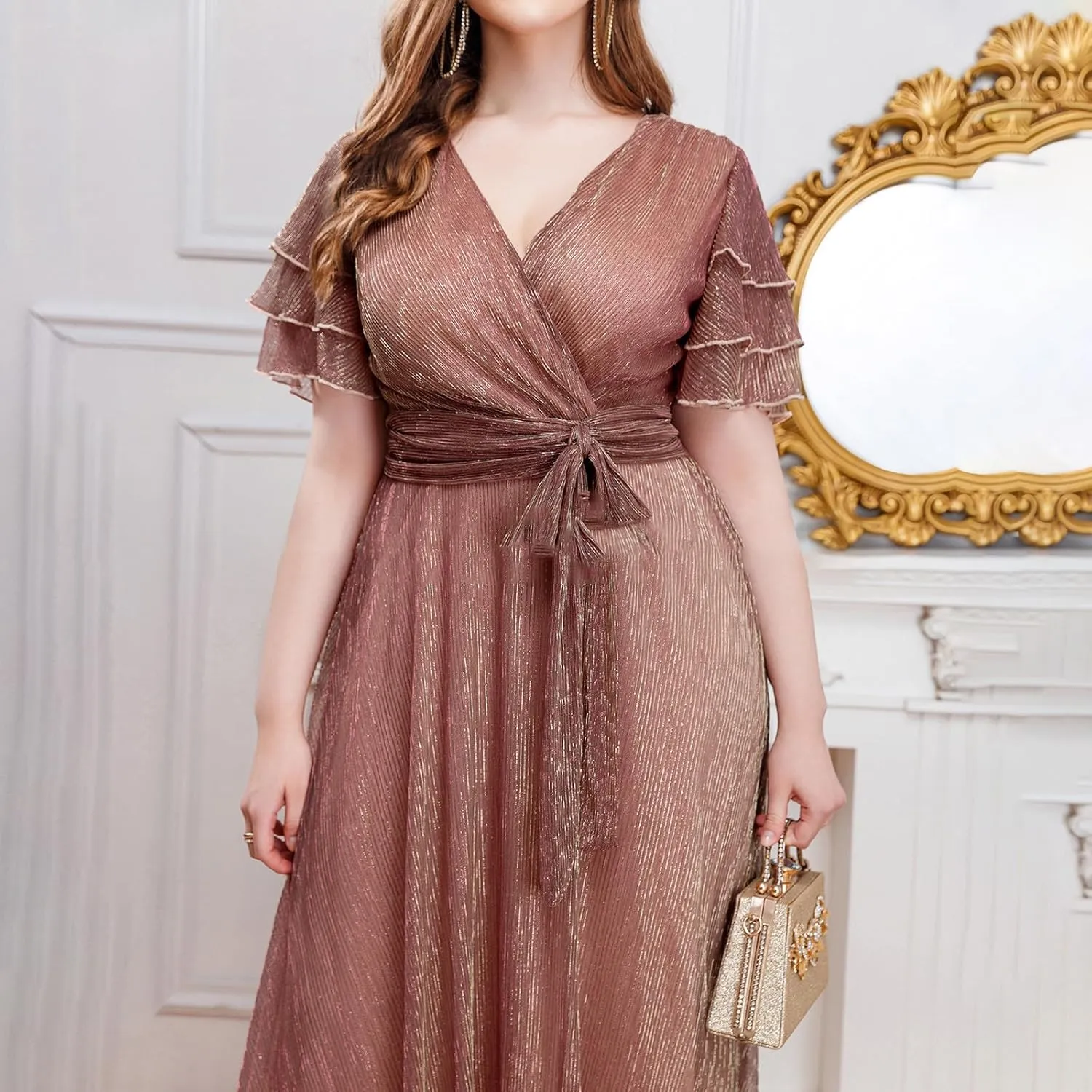 Elegant Chiffon Maxi Formal Dress Women Flutter Short Sleeve Wrap V Neck Evening Gown Belted High Waist A Line Dress