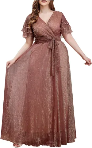 Elegant Chiffon Maxi Formal Dress Women Flutter Short Sleeve Wrap V Neck Evening Gown Belted High Waist A Line Dress