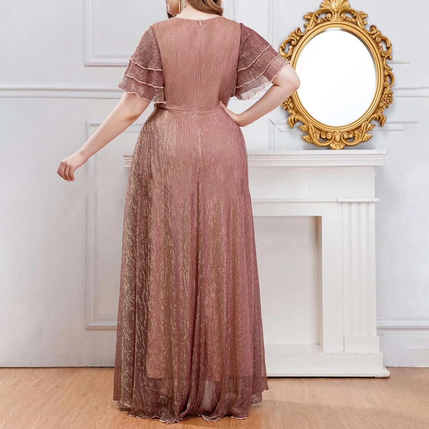 Elegant Chiffon Maxi Formal Dress Women Flutter Short Sleeve Wrap V Neck Evening Gown Belted High Waist A Line Dress