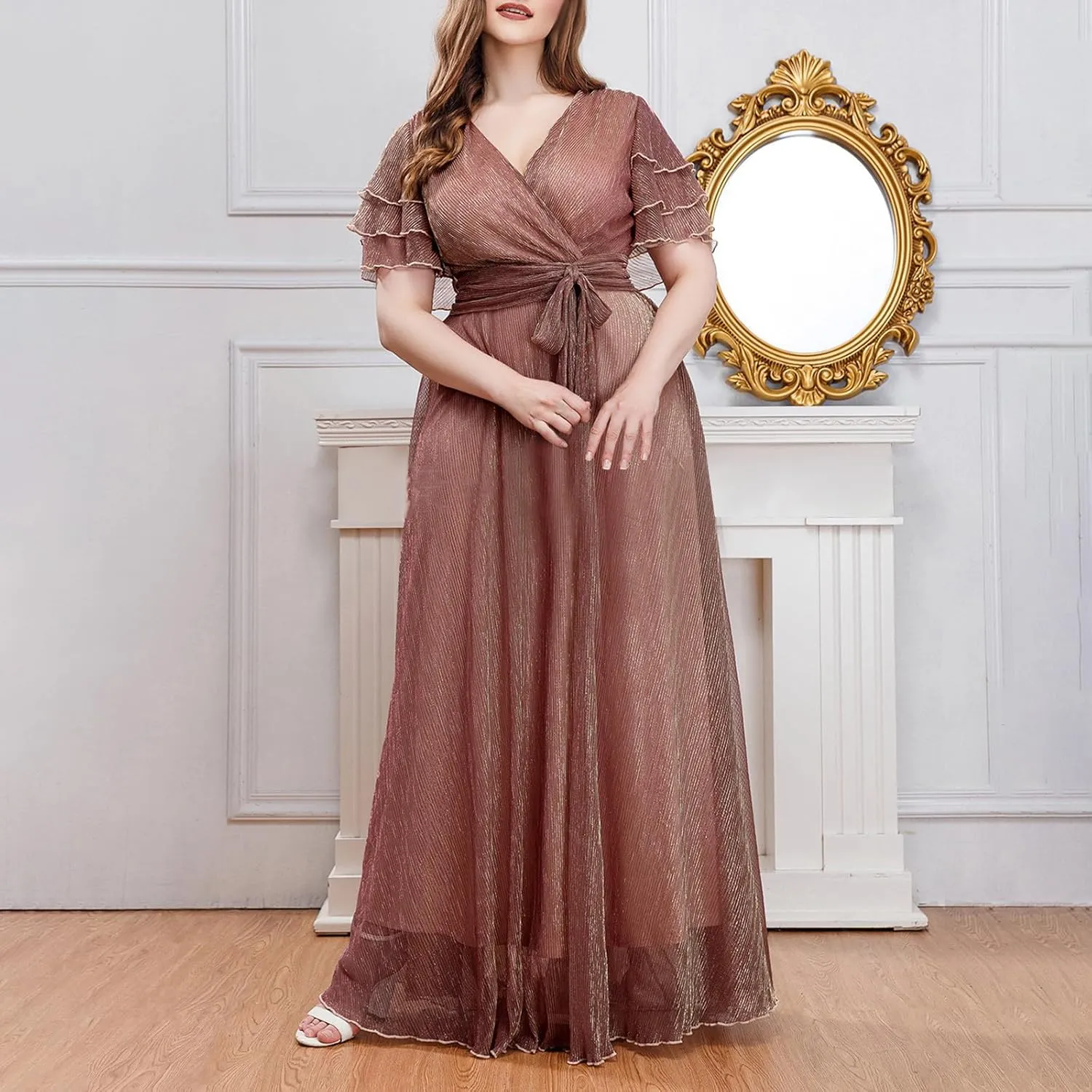 Elegant Chiffon Maxi Formal Dress Women Flutter Short Sleeve Wrap V Neck Evening Gown Belted High Waist A Line Dress