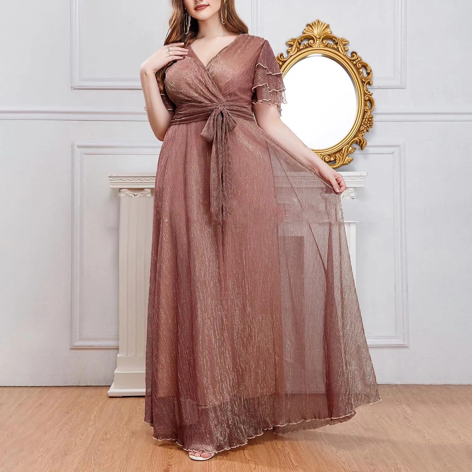 Elegant Chiffon Maxi Formal Dress Women Flutter Short Sleeve Wrap V Neck Evening Gown Belted High Waist A Line Dress