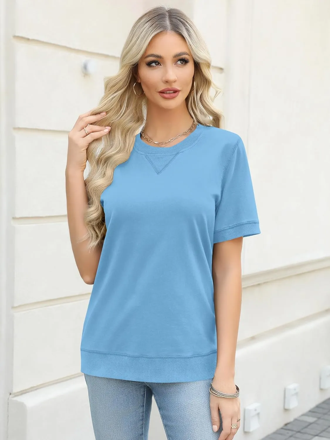 Elesomo Womens Short Sleeve Sweatshirts Cotton Casual Summer Tunic Sweat Shirt
