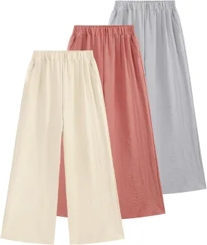 EXARUS 3 Pack Girls Wide Leg Pants Loose Trousers Linen Flowy with Pockets Elastic Waist Casual for Kids 6-12Y