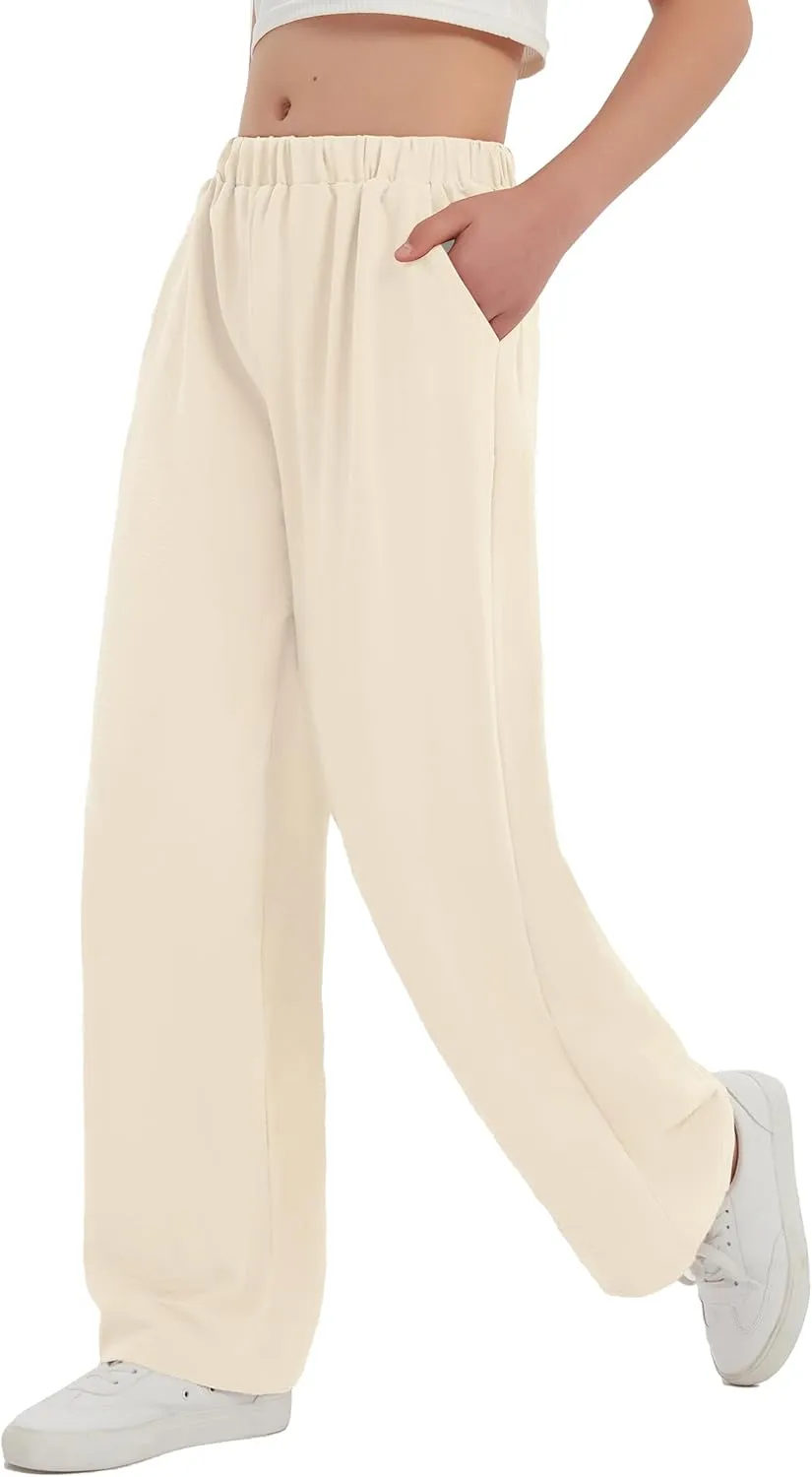 EXARUS 3 Pack Girls Wide Leg Pants Loose Trousers Linen Flowy with Pockets Elastic Waist Casual for Kids 6-12Y