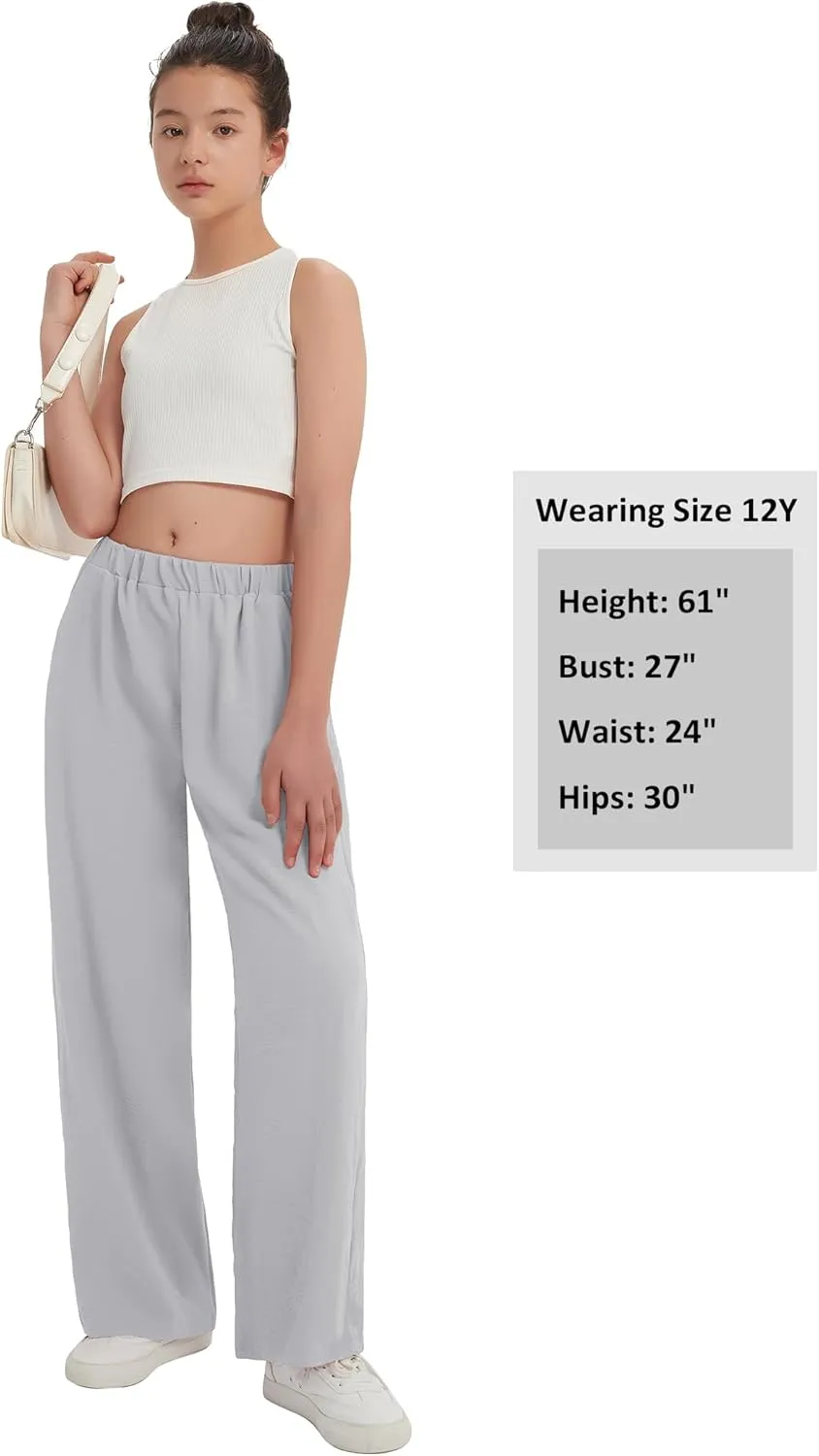EXARUS 3 Pack Girls Wide Leg Pants Loose Trousers Linen Flowy with Pockets Elastic Waist Casual for Kids 6-12Y