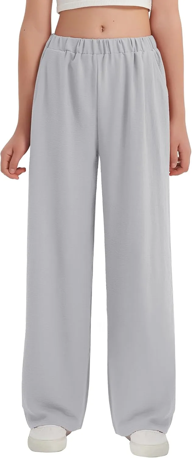 EXARUS 3 Pack Girls Wide Leg Pants Loose Trousers Linen Flowy with Pockets Elastic Waist Casual for Kids 6-12Y