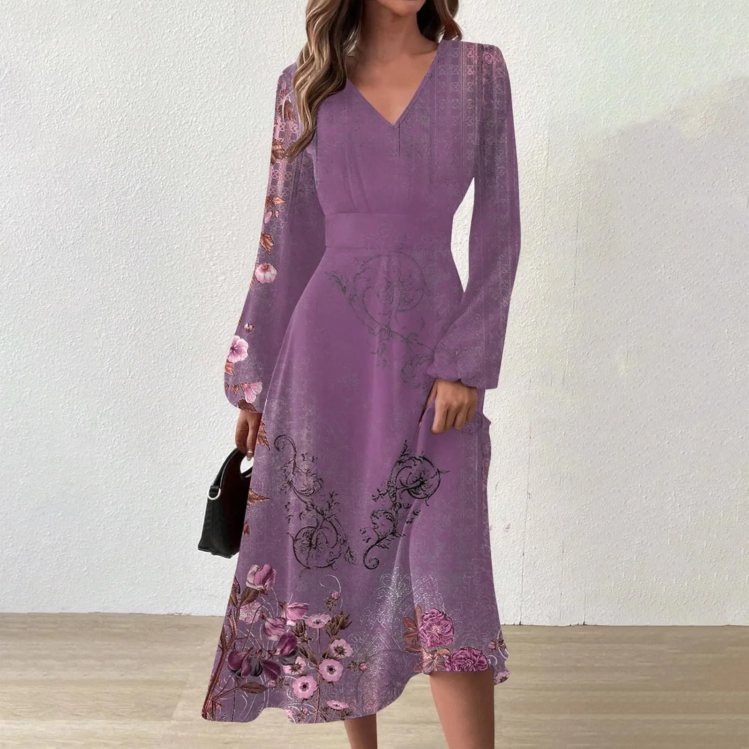 Fall Dresses for Women 2024 Floral Print Boho Ruffle Belted Dress Long Sleeve Wrap v Neck Flowy Maxi Dresses