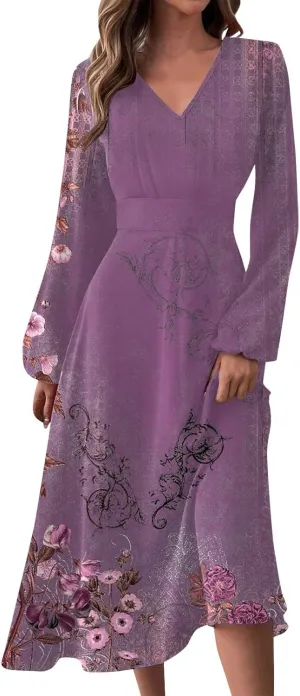 Fall Dresses for Women 2024 Floral Print Boho Ruffle Belted Dress Long Sleeve Wrap v Neck Flowy Maxi Dresses