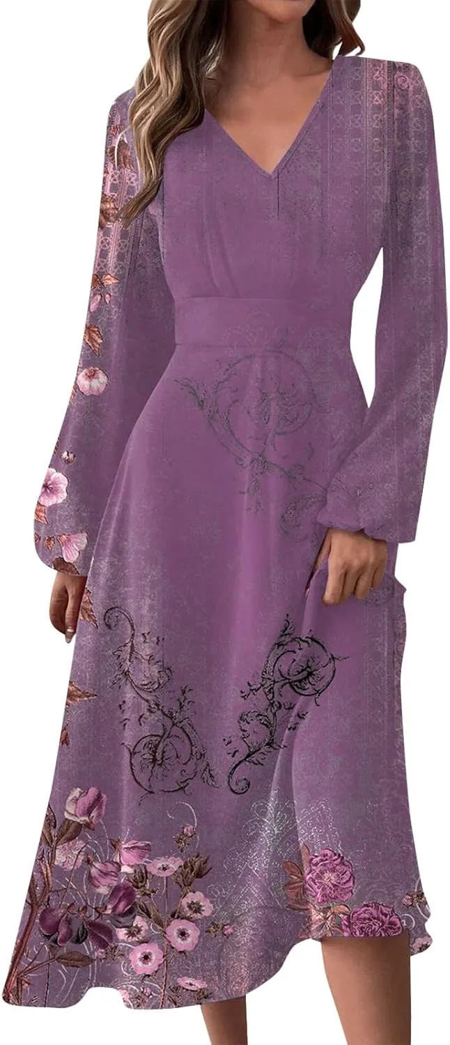 Fall Dresses for Women 2024 Floral Print Boho Ruffle Belted Dress Long Sleeve Wrap v Neck Flowy Maxi Dresses