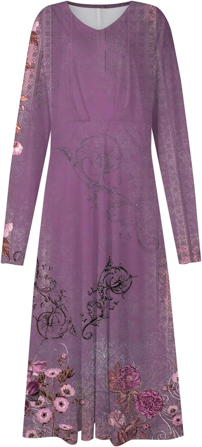 Fall Dresses for Women 2024 Floral Print Boho Ruffle Belted Dress Long Sleeve Wrap v Neck Flowy Maxi Dresses