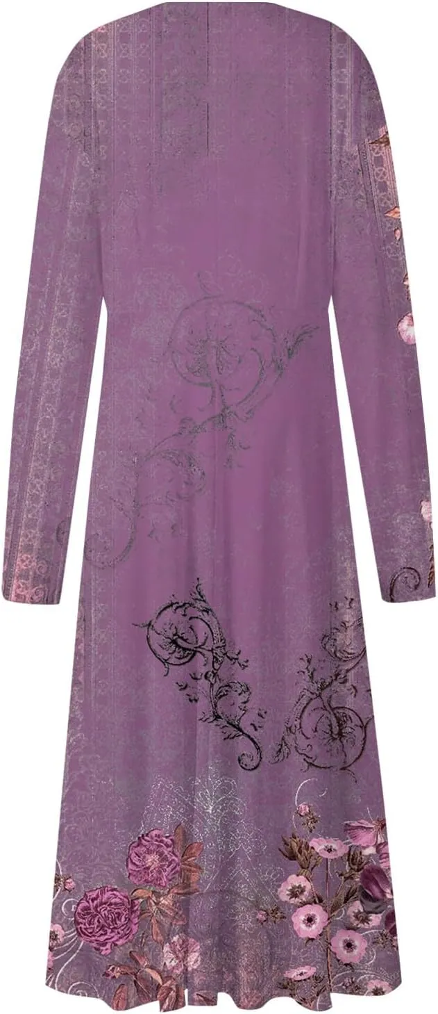 Fall Dresses for Women 2024 Floral Print Boho Ruffle Belted Dress Long Sleeve Wrap v Neck Flowy Maxi Dresses