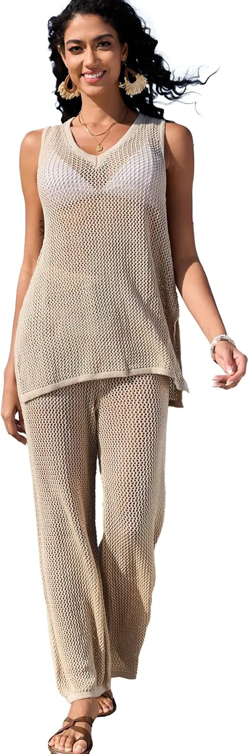 Famulily Womens 2 Piece Crochet Knit Outfits Summer Hollow Out Cover Up Sets Sleeveless Deep V Neck Top and Wide Leg Pants