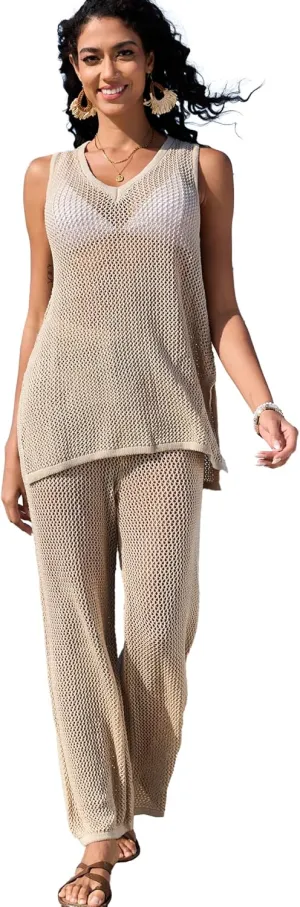 Famulily Womens 2 Piece Crochet Knit Outfits Summer Hollow Out Cover Up Sets Sleeveless Deep V Neck Top and Wide Leg Pants