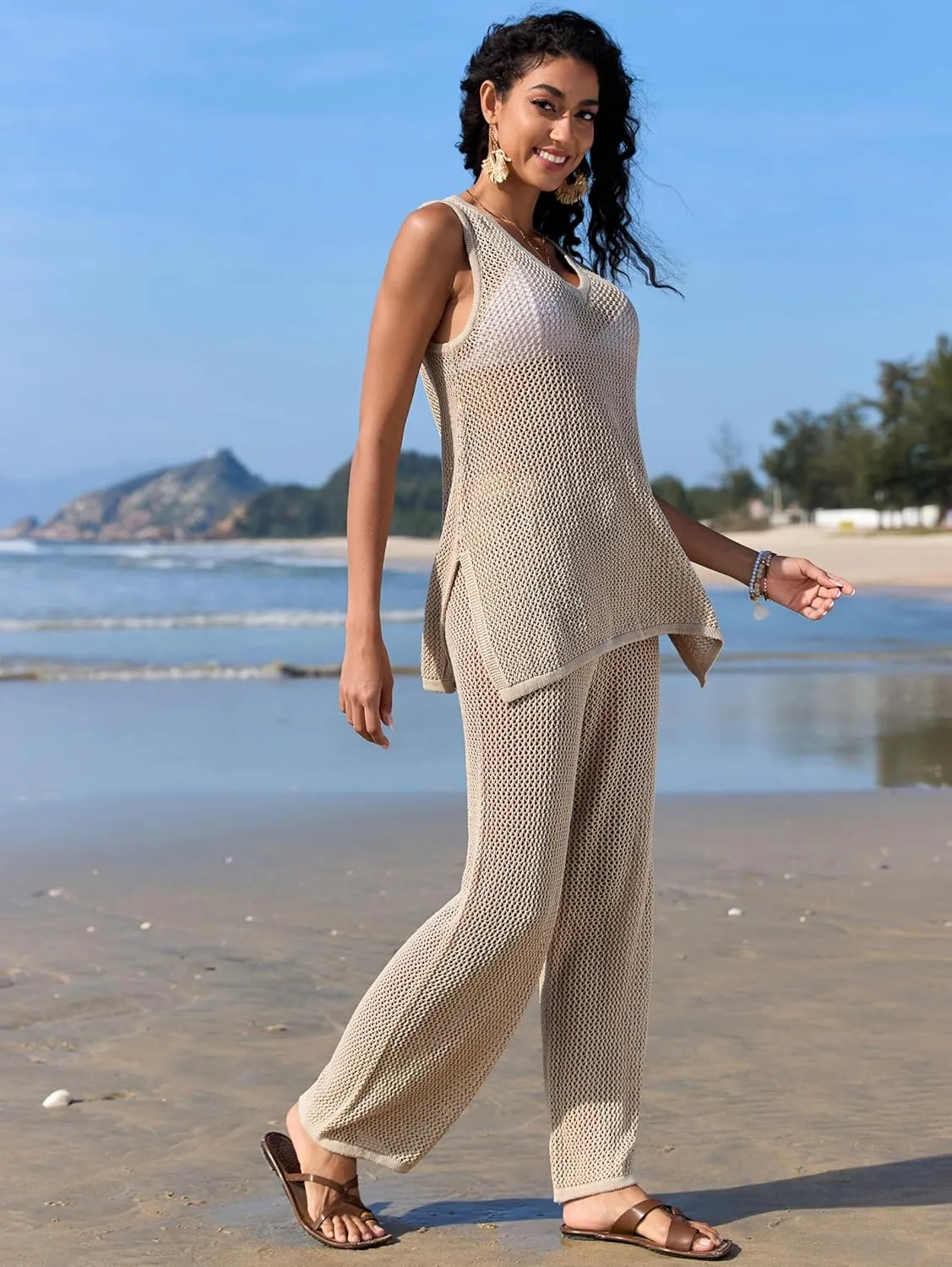 Famulily Womens 2 Piece Crochet Knit Outfits Summer Hollow Out Cover Up Sets Sleeveless Deep V Neck Top and Wide Leg Pants