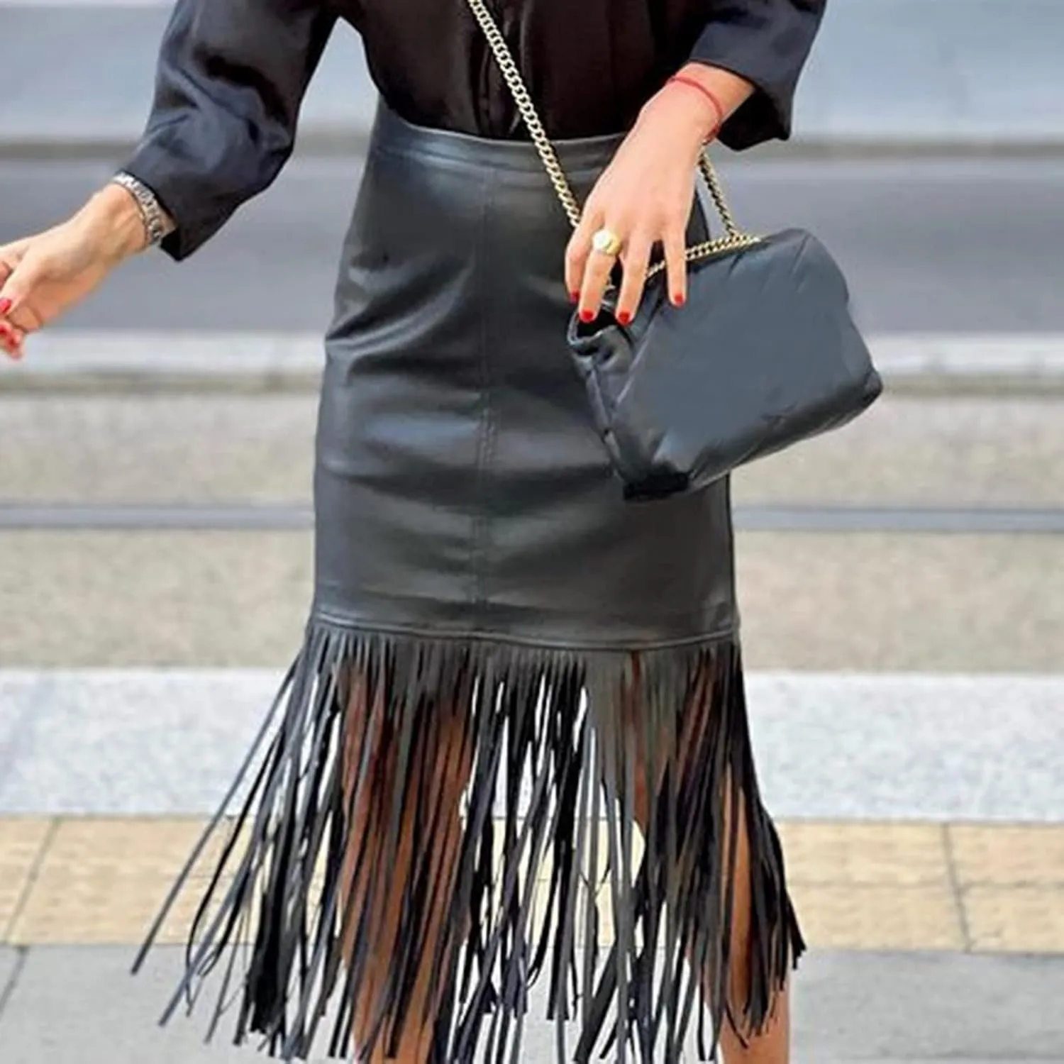 Fashion Ladys Leather Skirts High Waist Long Tassel Skirt Vintage Irregular Tiered Midi Skirt A-Line Long Skirts