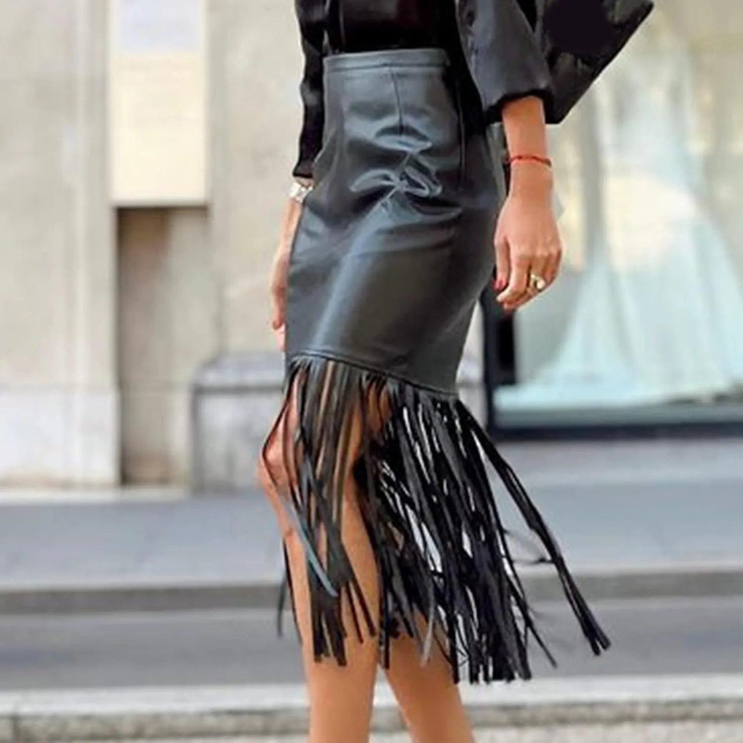 Fashion Ladys Leather Skirts High Waist Long Tassel Skirt Vintage Irregular Tiered Midi Skirt A-Line Long Skirts