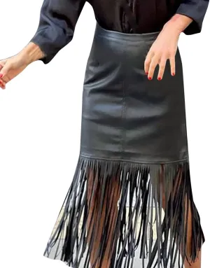 Fashion Ladys Leather Skirts High Waist Long Tassel Skirt Vintage Irregular Tiered Midi Skirt A-Line Long Skirts