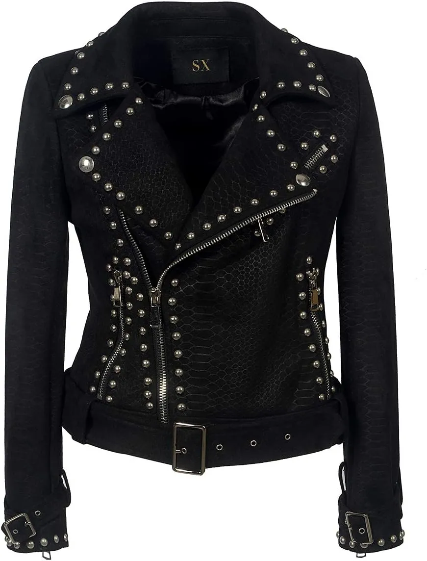 Fashion SX Womens Gothic Faux Suede Leather Jacket Long Sleeve Zipper Short Moto Biker Coat