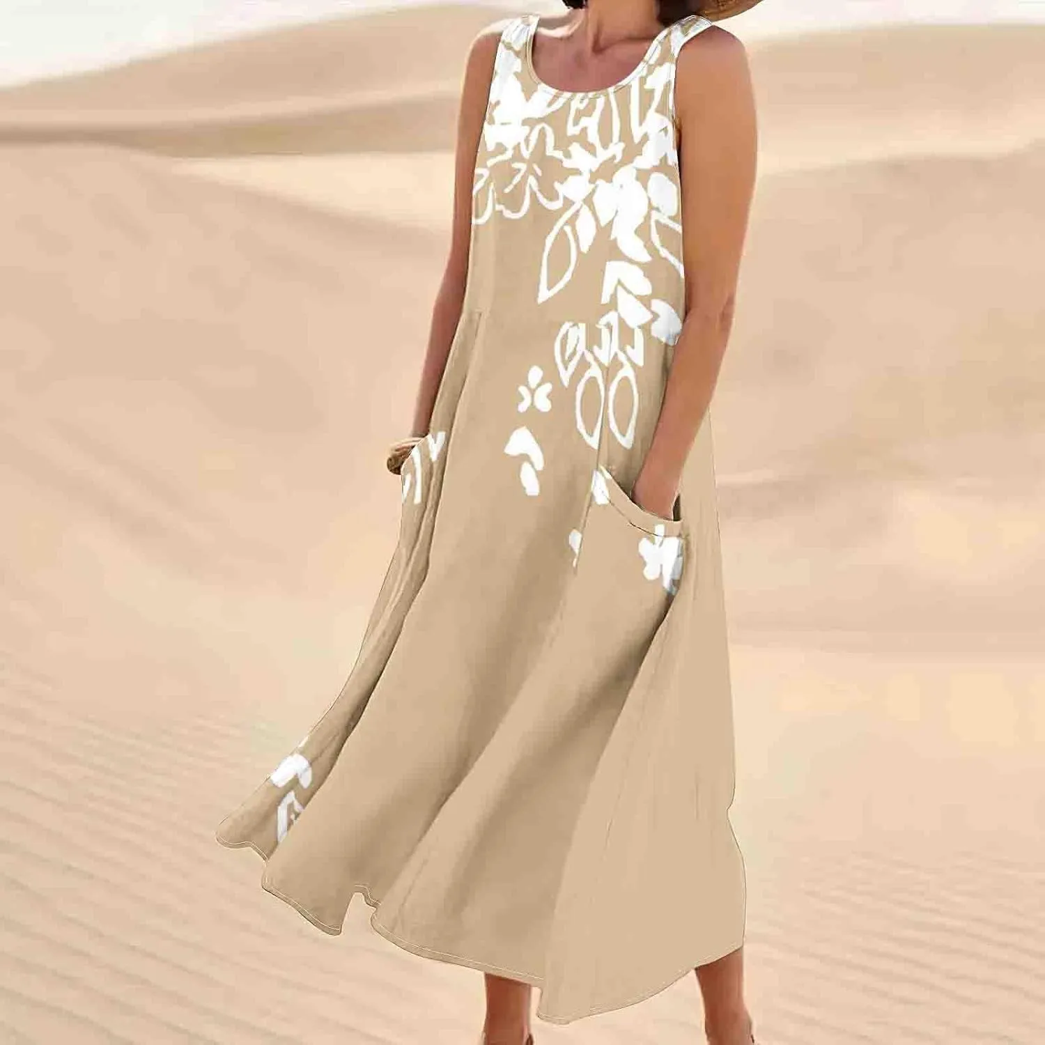 Finelylove Womens Summer Casual Maxi Dress 2025 Sleeveless Tank Dress Boho Floral Linen Summer Dress Beach Long Sundress
