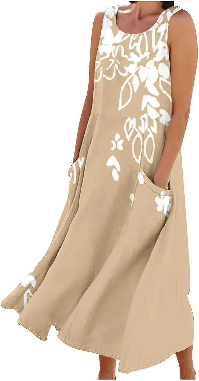 Finelylove Womens Summer Casual Maxi Dress 2025 Sleeveless Tank Dress Boho Floral Linen Summer Dress Beach Long Sundress