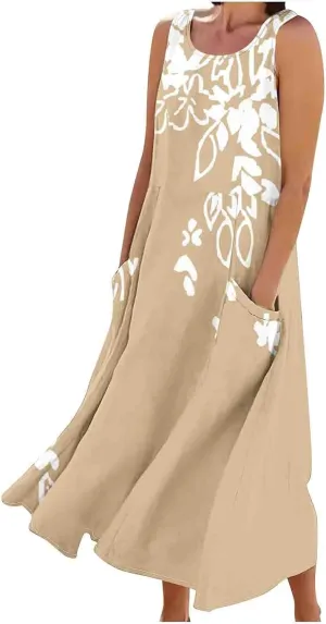 Finelylove Womens Summer Casual Maxi Dress 2025 Sleeveless Tank Dress Boho Floral Linen Summer Dress Beach Long Sundress