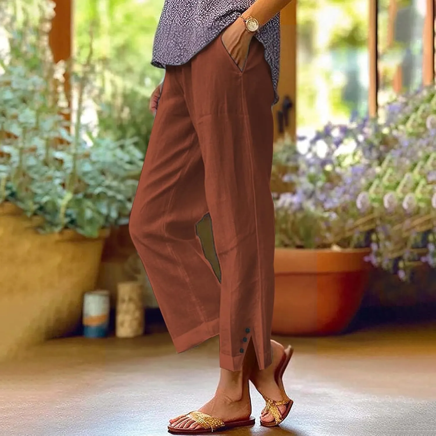 Fleece Lined Leggings Women Elastic Pants Long Drawstring Linen Women Waist Cotton Casual Trousers with Side Pockets