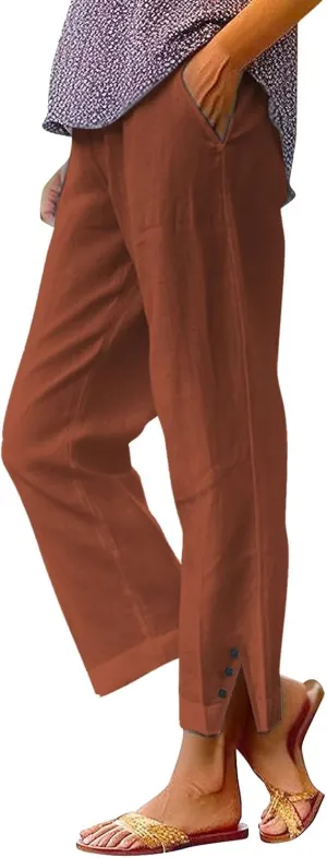Fleece Lined Leggings Women Elastic Pants Long Drawstring Linen Women Waist Cotton Casual Trousers with Side Pockets