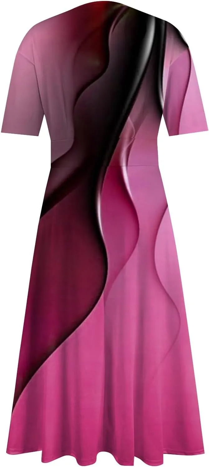 FlekmanArt Maxi Dress for Women Print Short Sleeve A-Line Beach Waist V Neck Trendy Swing Dress