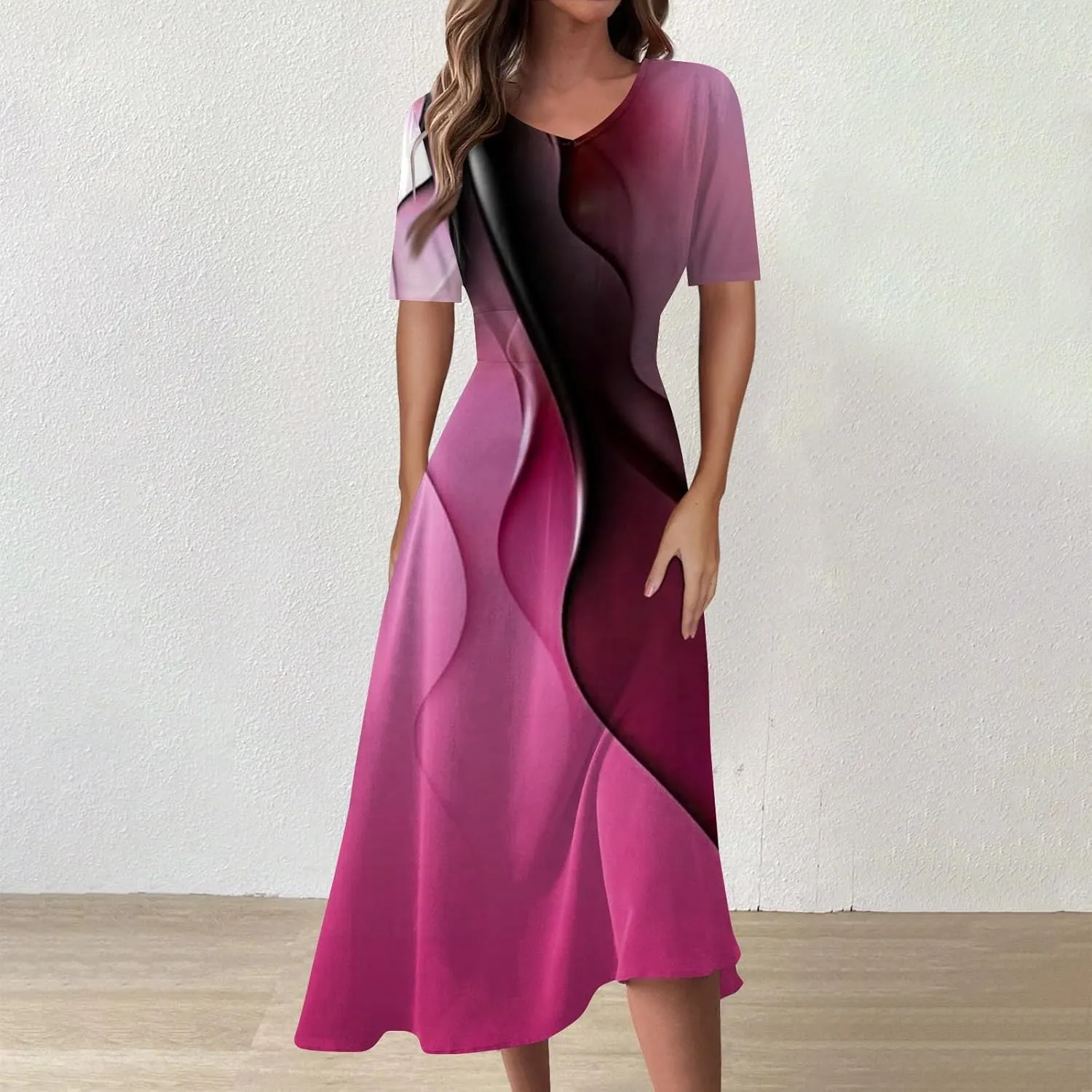 FlekmanArt Maxi Dress for Women Print Short Sleeve A-Line Beach Waist V Neck Trendy Swing Dress
