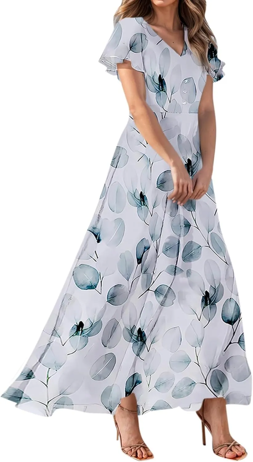FlekmanArt Maxi Dresses for Women 2025 Swing Flowy Ruffle Hem Swing Dresses Chiffon Comfy Summer Maxi Dress