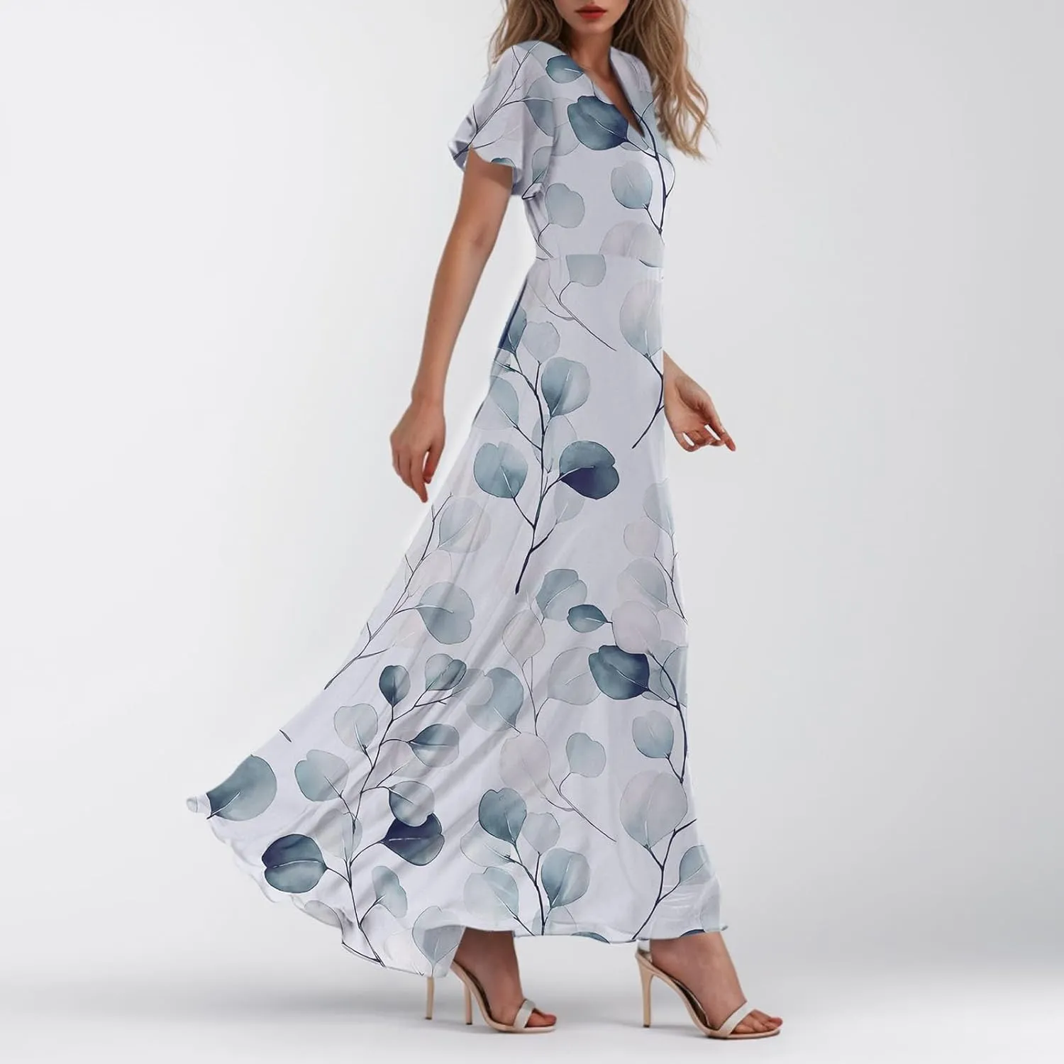FlekmanArt Maxi Dresses for Women 2025 Swing Flowy Ruffle Hem Swing Dresses Chiffon Comfy Summer Maxi Dress