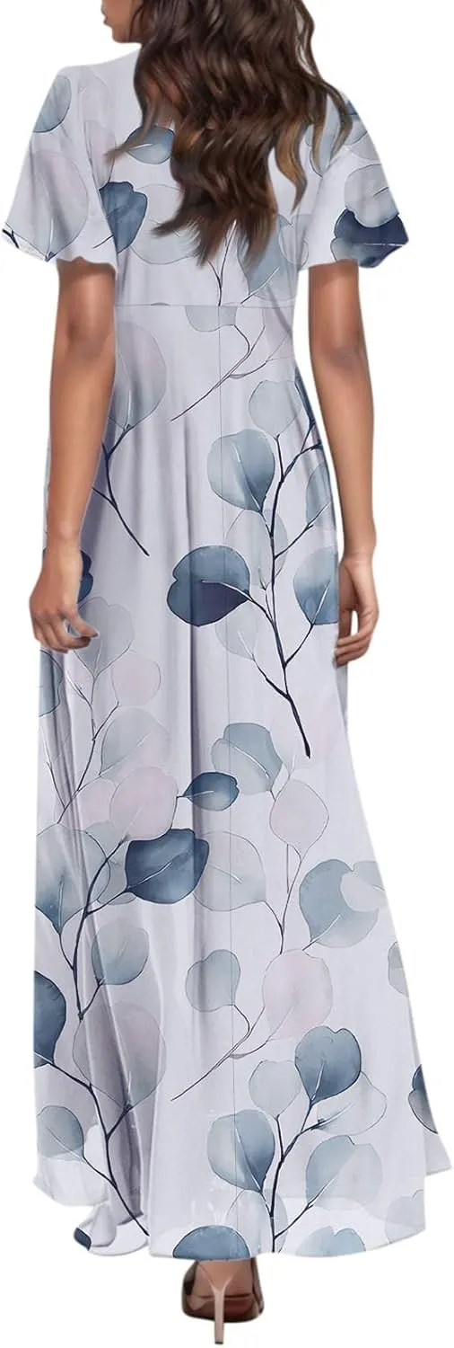 FlekmanArt Maxi Dresses for Women 2025 Swing Flowy Ruffle Hem Swing Dresses Chiffon Comfy Summer Maxi Dress